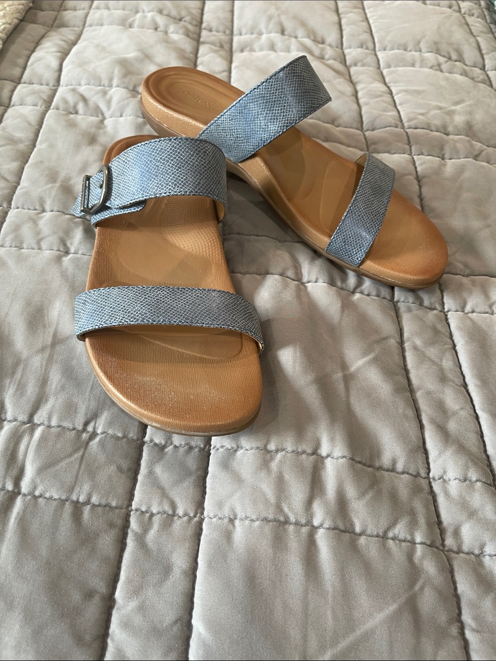 dexflex comfort Blue Strap Slide Sandals with Tan Footbed